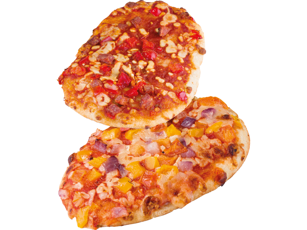 Två pizzor: en med paprika och salami, den andra med paprika och lök.
