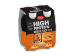 Firepakning med proteinshots med mango- og ferskensmag, 8g protein per flaske.