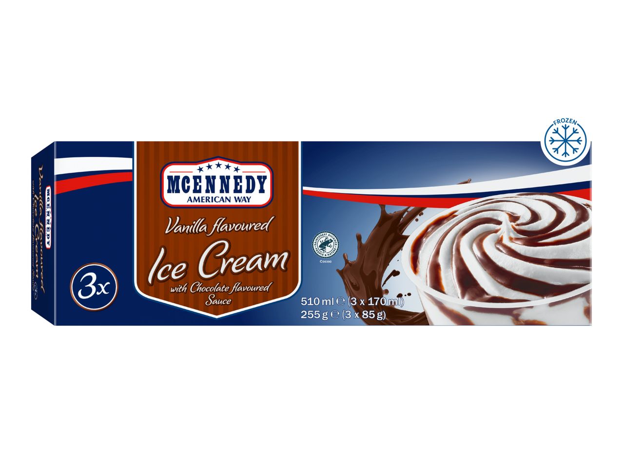 Vanilla ice cream with chocolate-flavored sauce, 3-pack, frozen.