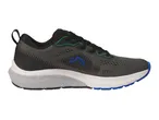 A single gray and black athletic shoe with blue and green accents.