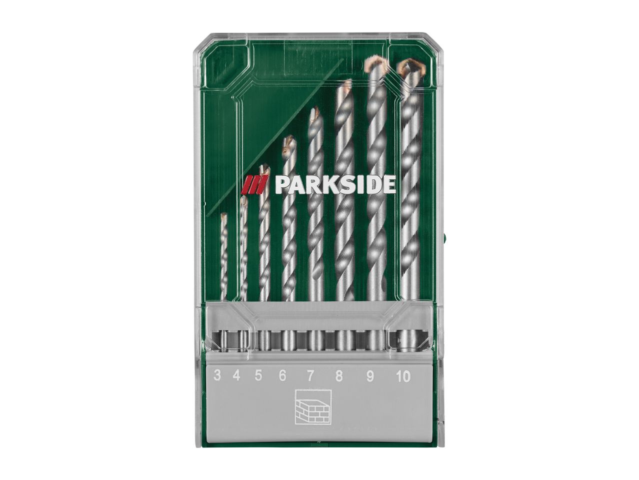 A set of drill bits in a clear green and gray case, with sizes 3 to 10 indicated.