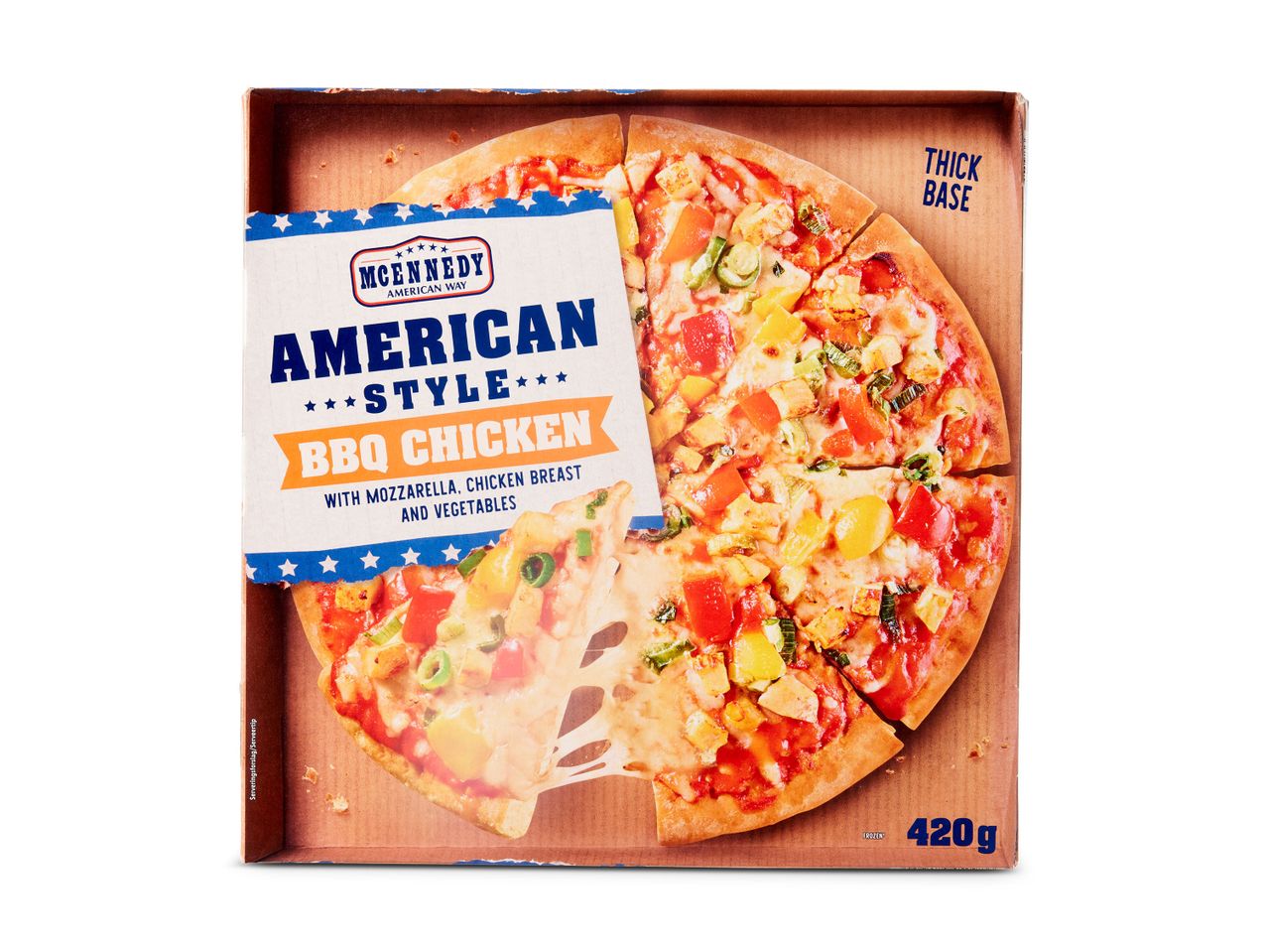 McEnnedy American Style BBQ Chicken pizza: kip, mozzarella en groenten.