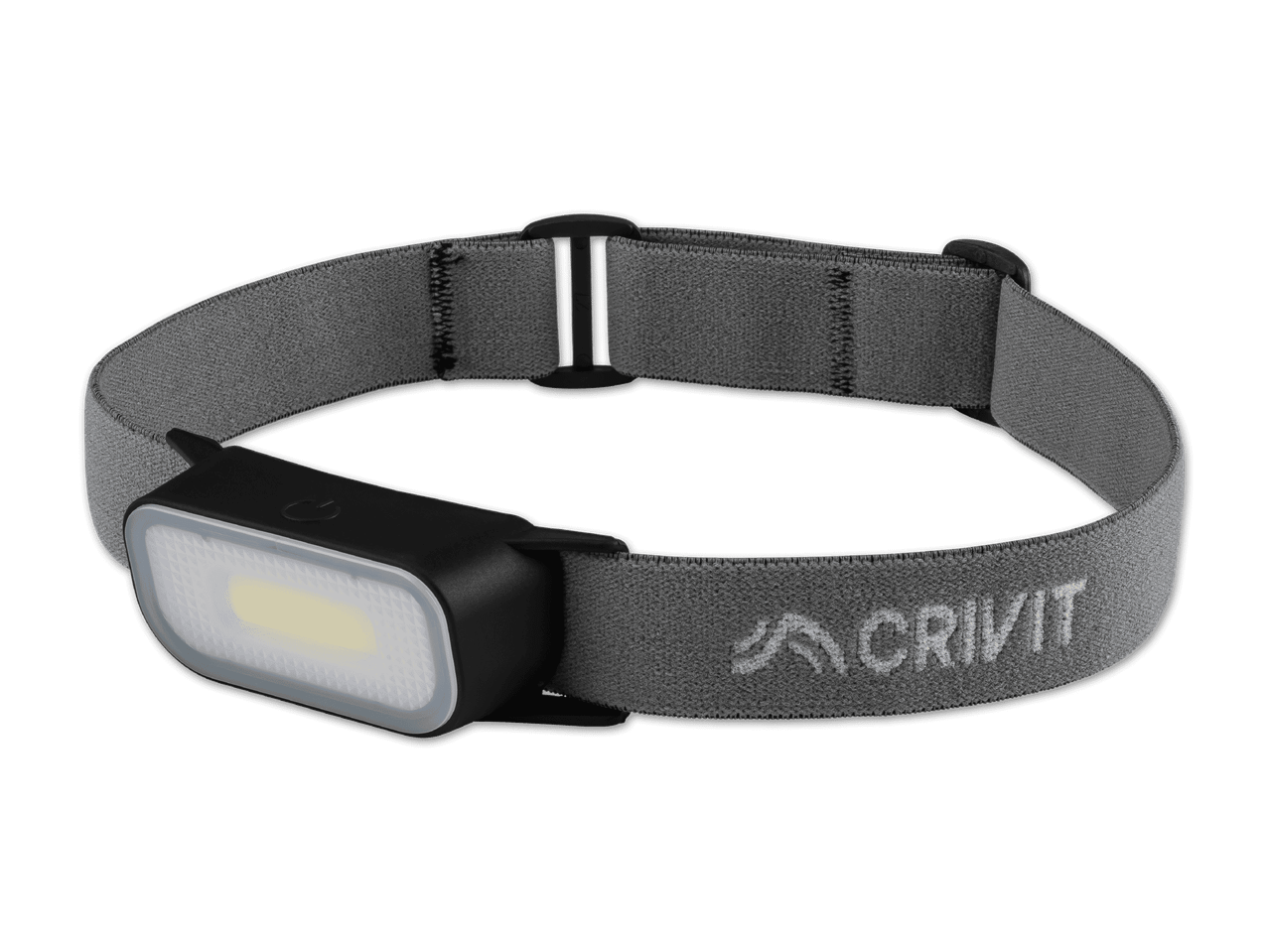 Graue Stirnlampe mit schwarzem Gehäuse und weißem Licht, mit Logo auf dem Band