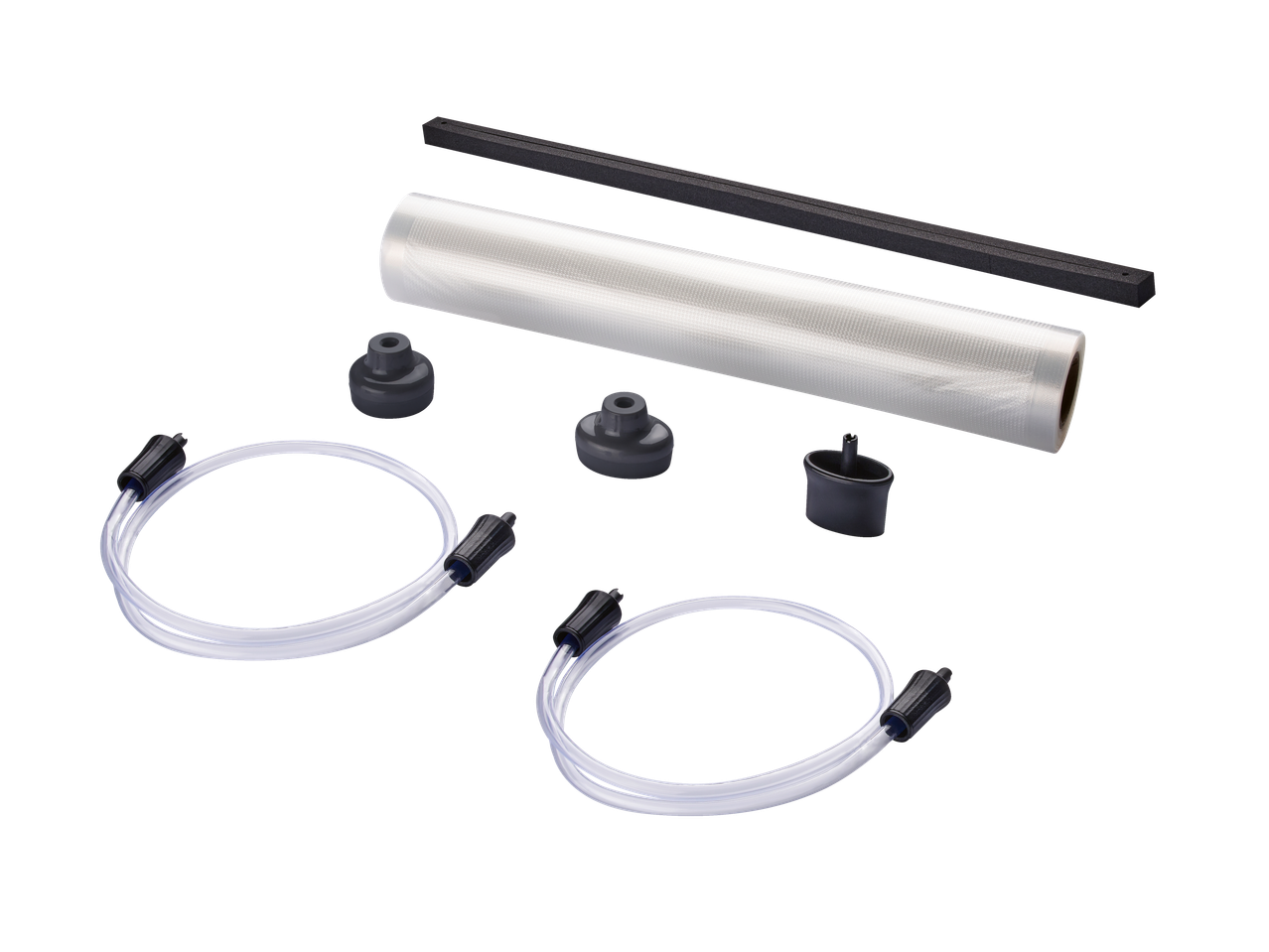 Комплект аксесоари за вакуумно запечатване с ролка торбички, тръби и тапи.