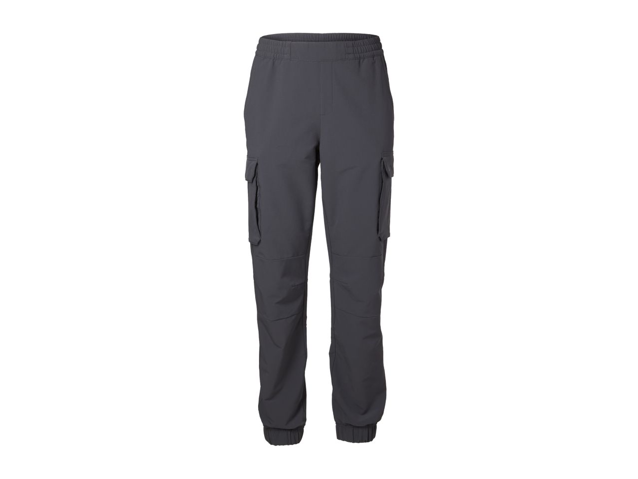 Men's dark grey cargo trousers with elasticated waistband and cuffs