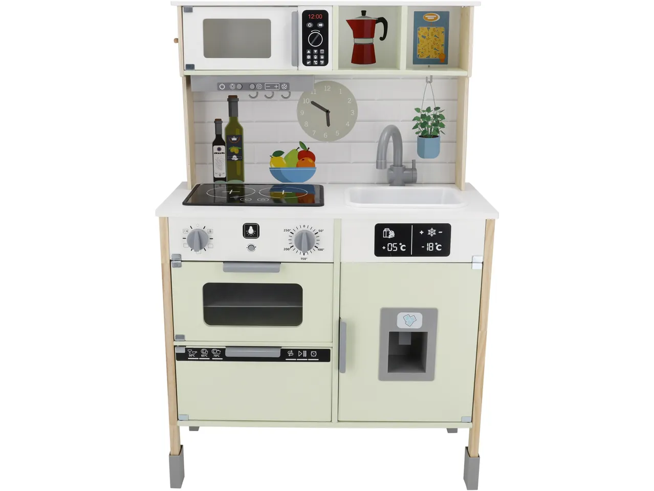 Cucina giocattolo in legno con forno, piano cottura, lavello e frigorifero.