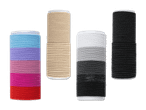 Vier Stapel Haargummis in verschiedenen Farben: Bunt, Beige, Grau und Schwarz.