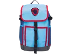 Mochila azul e vermelha com motivo de pata de cão na aba.