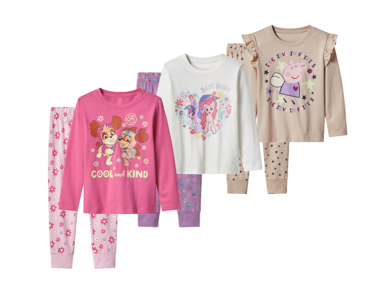 Setovi pidžama za djevojčice s likovima Paw Patrol, My Little Pony i Peppa Pig.