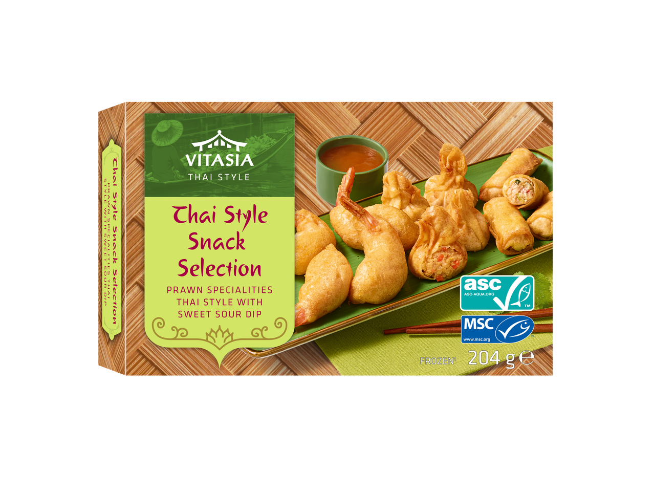 Vitasia Thai Style Snack Selection met garnalen, loempia's en zoetzure dip.