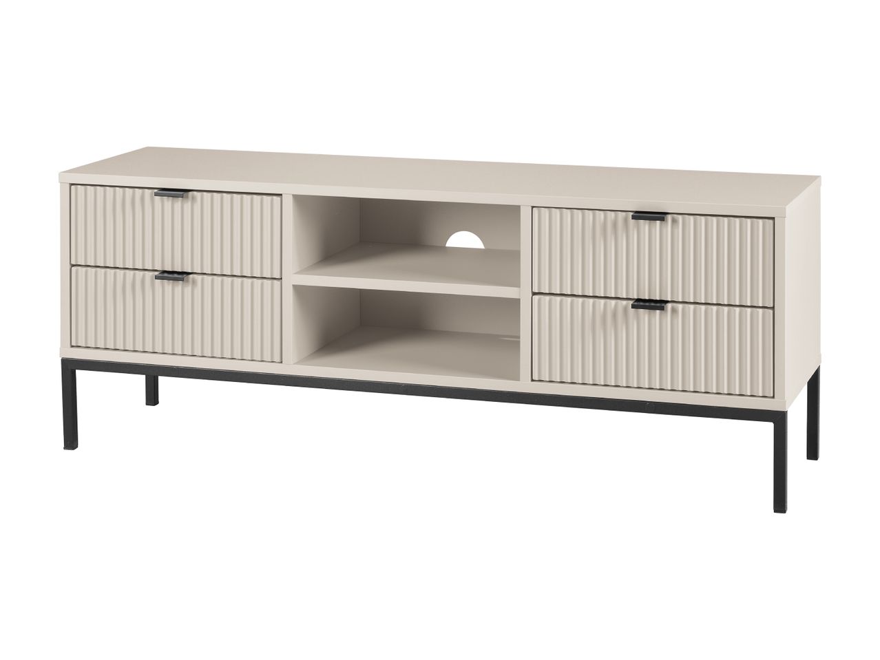 En moderne tv-bænk i beige med rillede skuffer og sorte metalben.