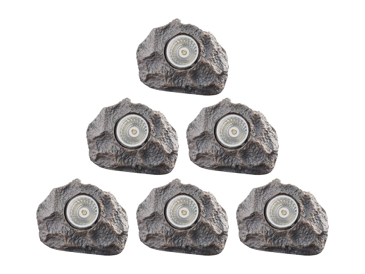 Five LED rock lights for outdoor use.