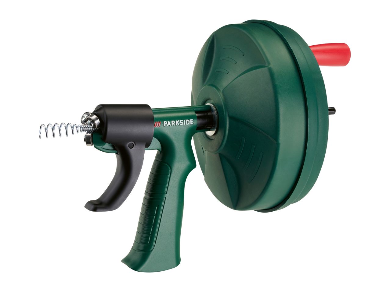 Green drain cleaner with a black handle and a red crank, featuring a coiled metal end.