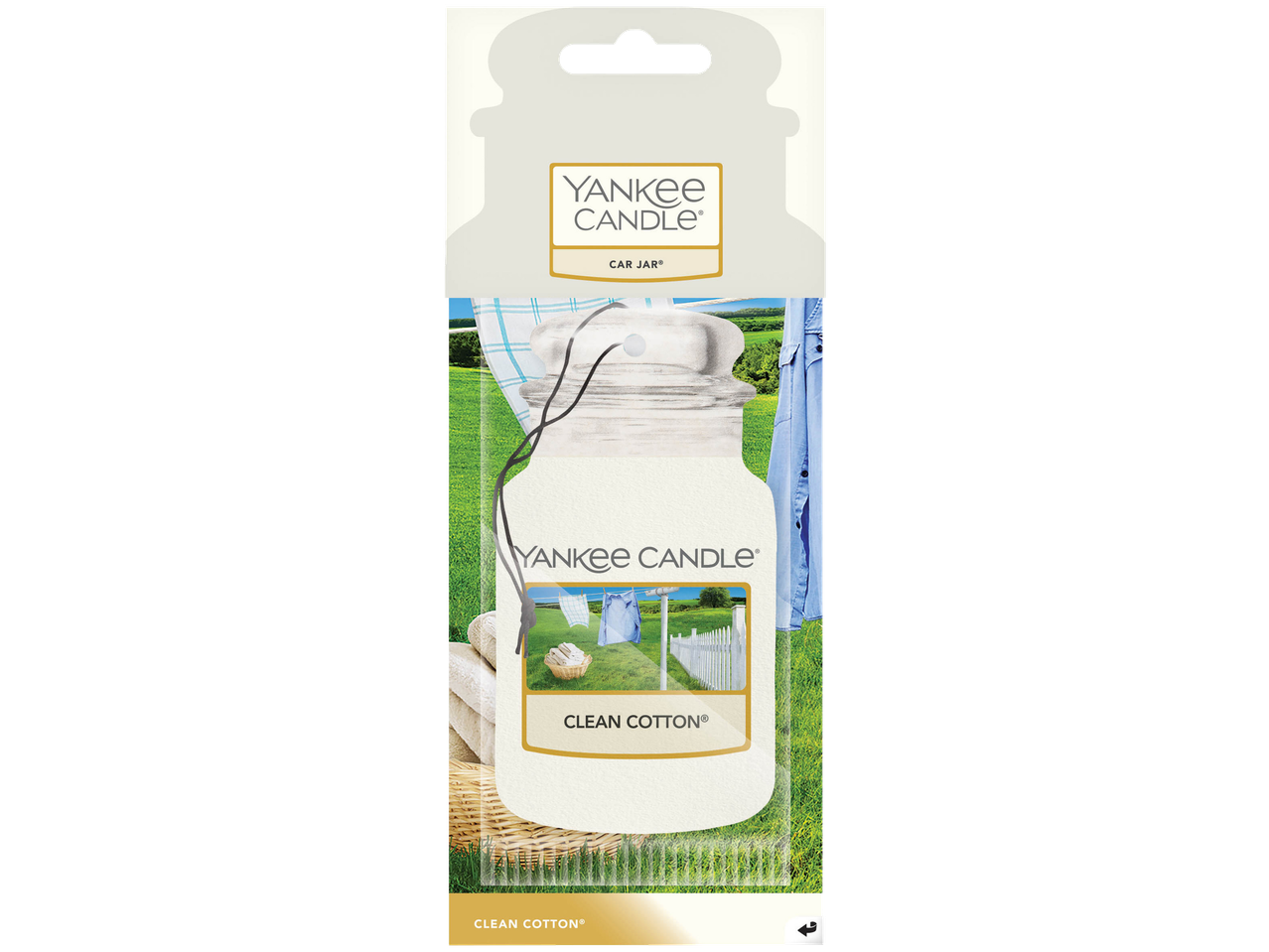 Yankee Candle Car Jar luchtverfrisser Clean Cotton, toont wasgoed drogend in de zon.