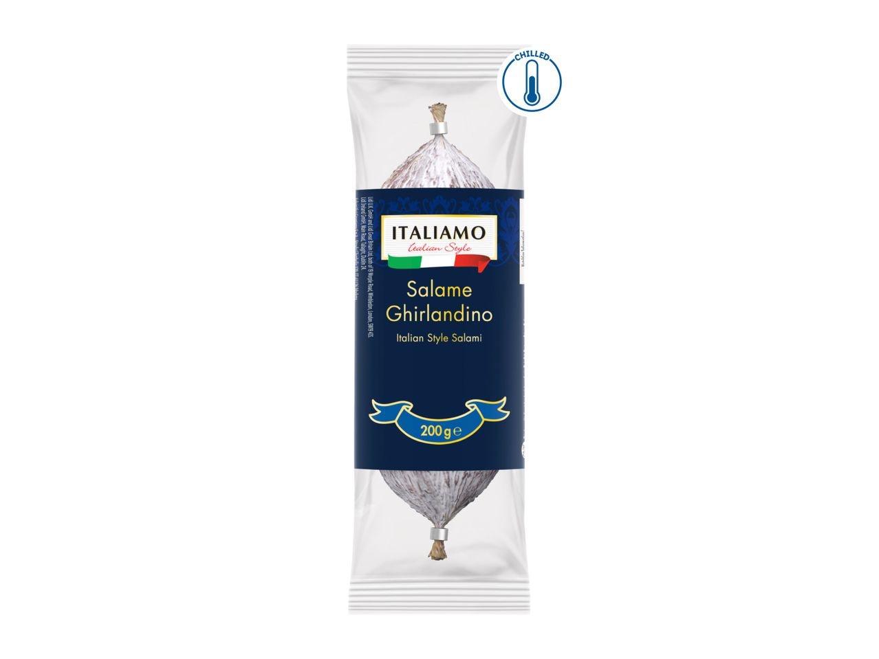 Chilled Italian style salami in clear packaging, 200g.