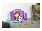 Purple lunch bag with a cartoon girl and white cat, featuring a turquoise strap.