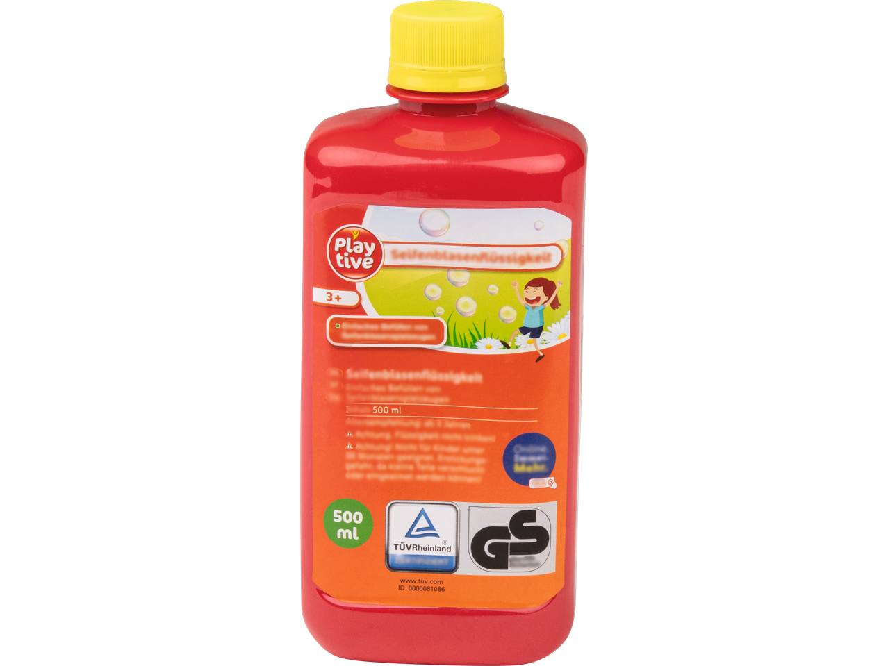 Sticlă roșie de soluție de bule de săpun Playtive (500 ml) cu capac galben.