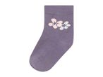 A single purple sock with two embroidered flowers, one pink and one white.