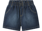 Dark blue denim shorts with an elasticated waist and yellow stitching.