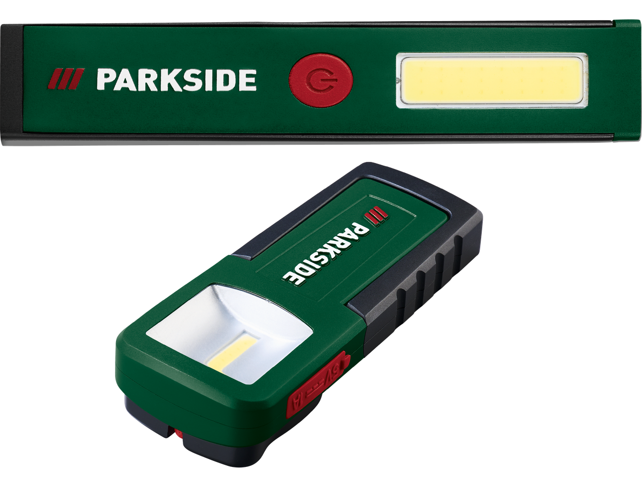 Parkside LED-arbetslampa i grönt och svart, med en röd strömbrytare.