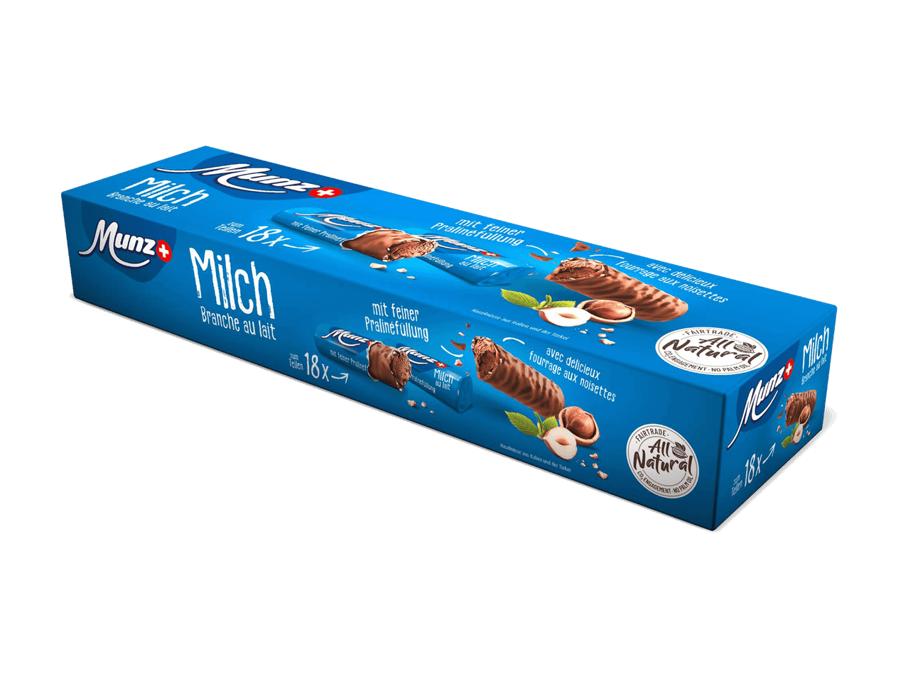 Packung Milchschokoladenriegel mit Pralinenfüllung und Haselnüssen, 18 Stück.