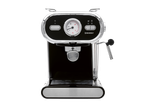 Máquina de café expresso preta com detalhes cromados e medidor de temperatura.