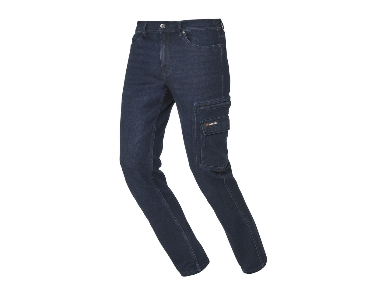 Jeans da lavoro blu scuro con tasche cargo e cuciture a contrasto.