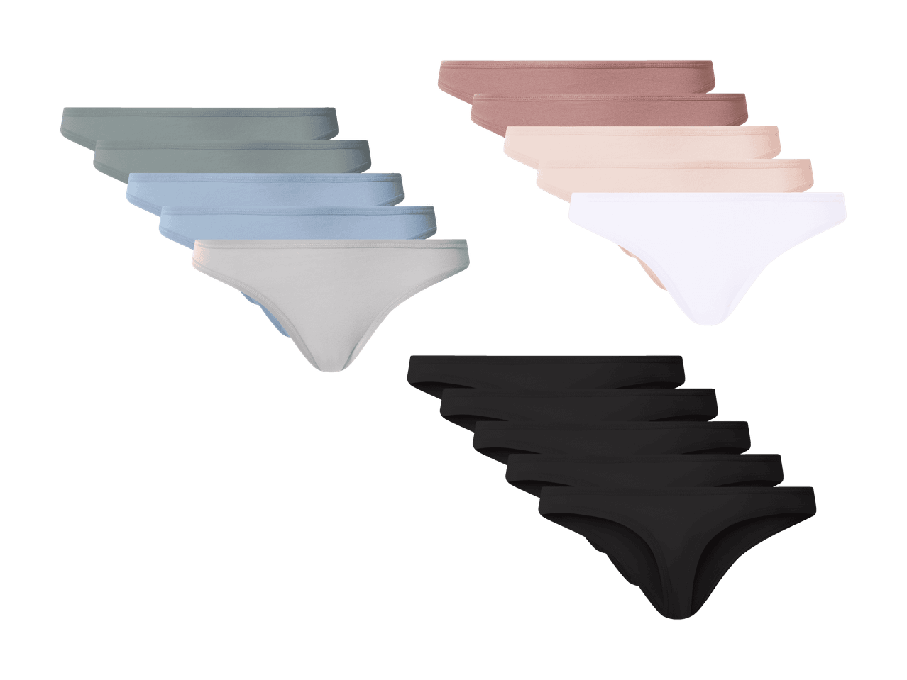 Lot de culottes de différentes couleurs : gris, bleu, blanc, rose et noir.