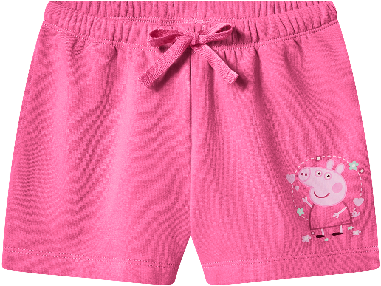 Pink kids' jersey shorts with an elasticated waist, decorative bow, and Peppa Pig graphic.
