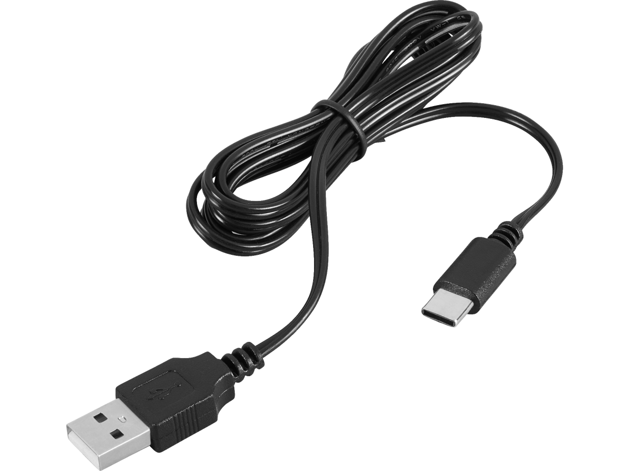Черен USB-A към USB-C кабел за зареждане, навит и готов за употреба.
