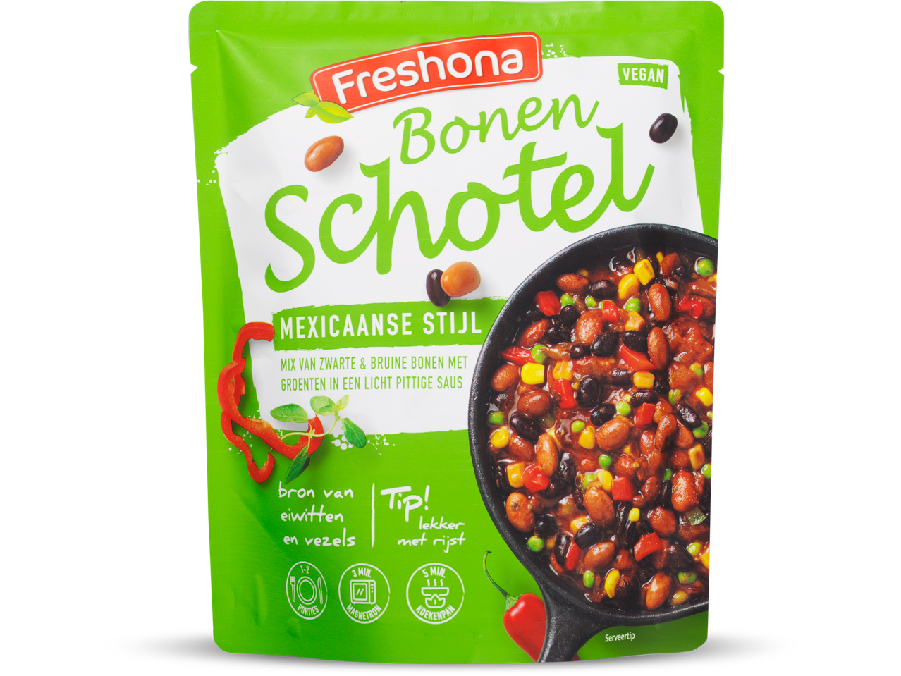 Freshona Bonenschotel Mexicaanse Stijl met zwarte en bruine bonen, groenten en licht pittige saus.