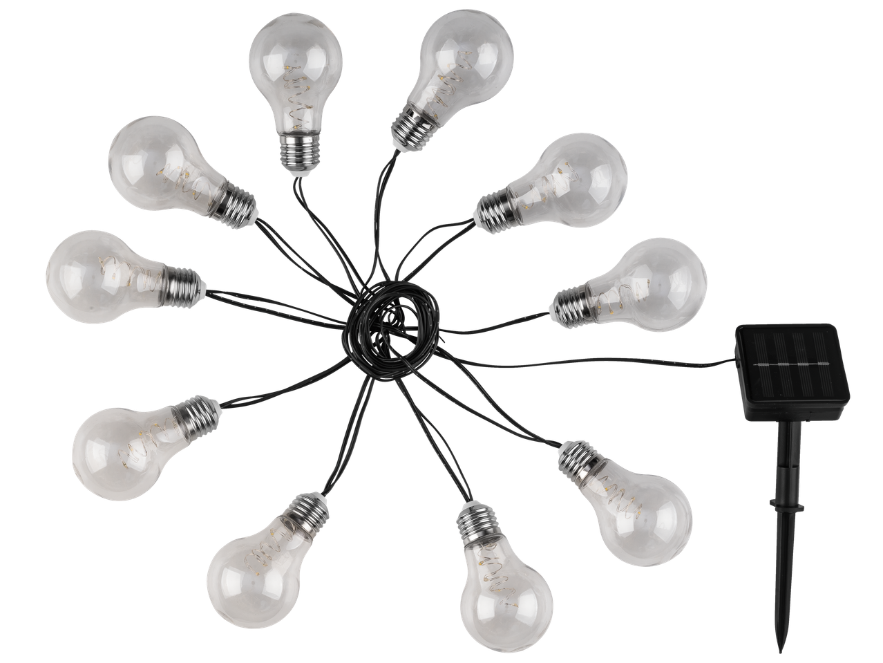 Girlanda od deset providnih sijalica sa solarnim panelom na crnoj pozadini.