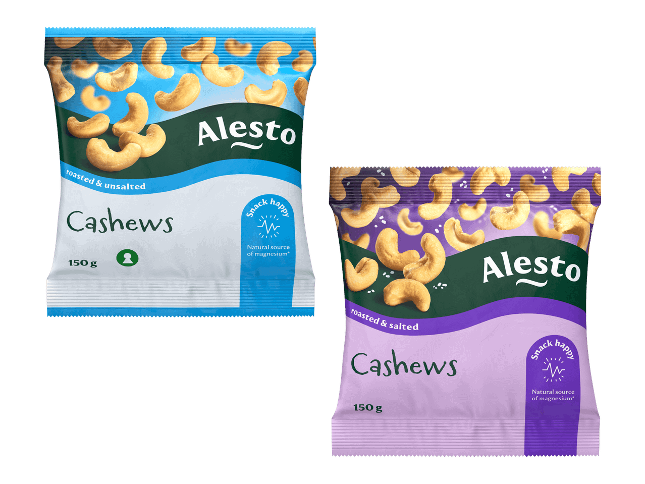 Kaksi pussia paahdettuja ja suolattuja sekä paahdettuja ja suolaamattomia cashew-pähkinöitä.