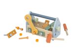 Wooden toy toolbox with wrench, hammer, screwdriver, screws, and nuts.