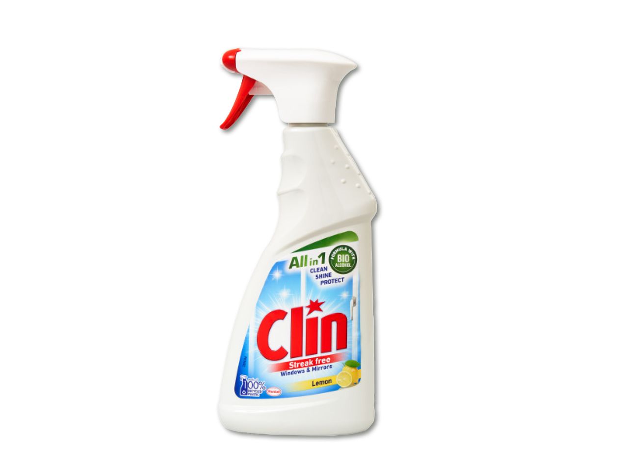 Clin logu un spoguļu tīrīšanas līdzeklis ar citronu aromātu.