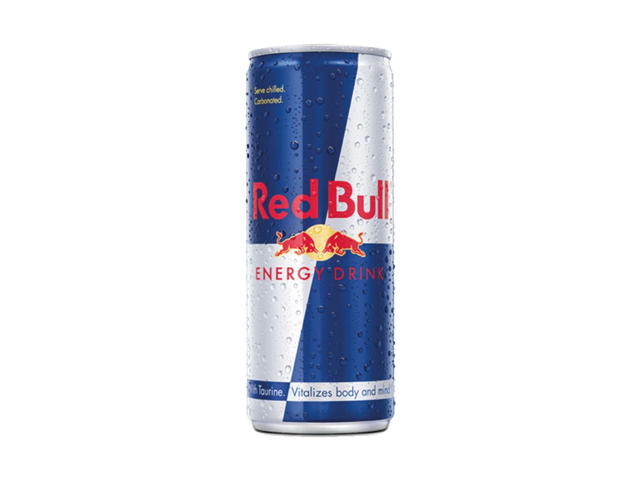 Chilled and carbonated energy drink can with water droplets, vitalizing body and mind.