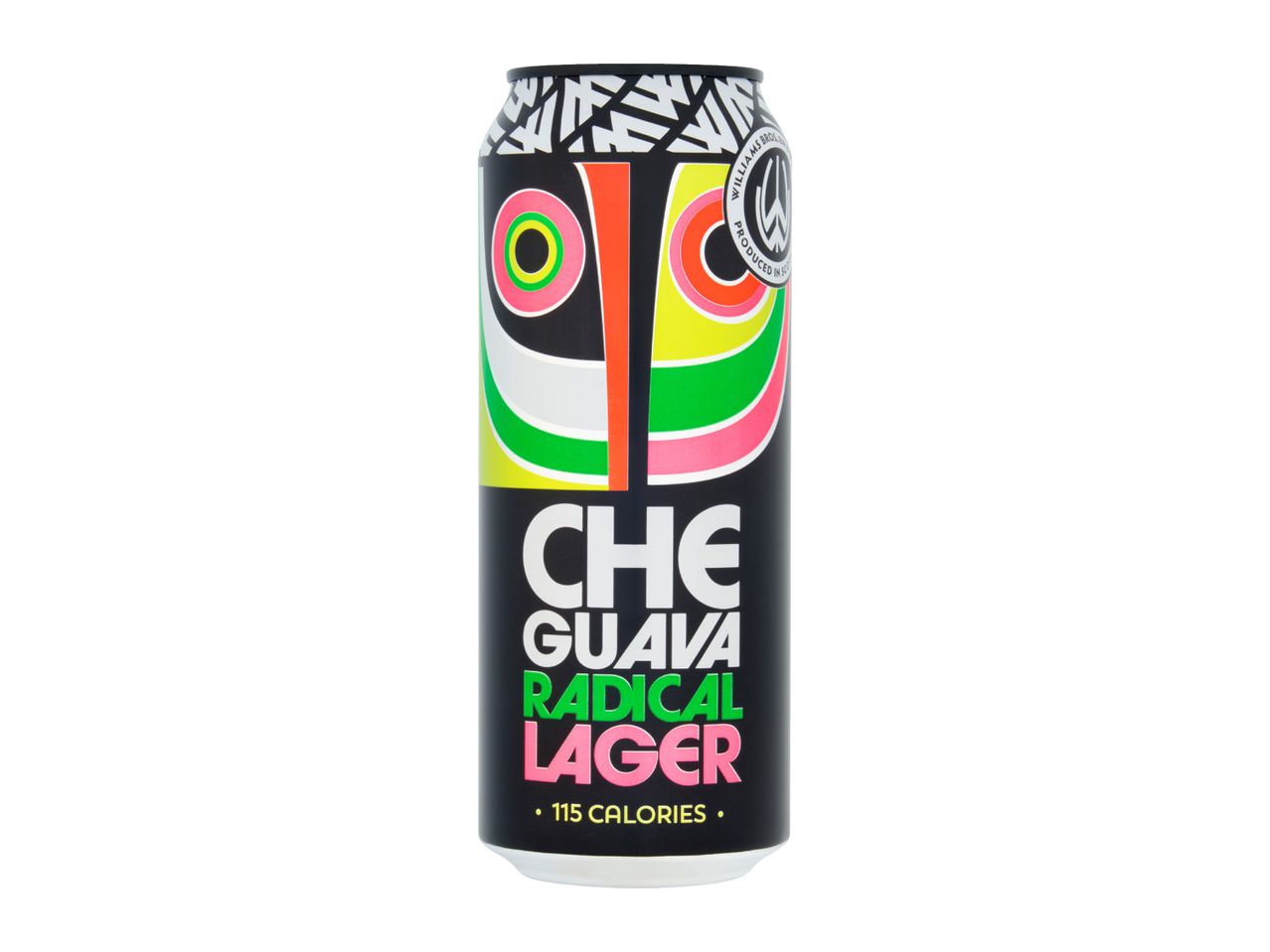Black can of guava radical lager with colorful abstract art and text saying '115 CALORIES'.