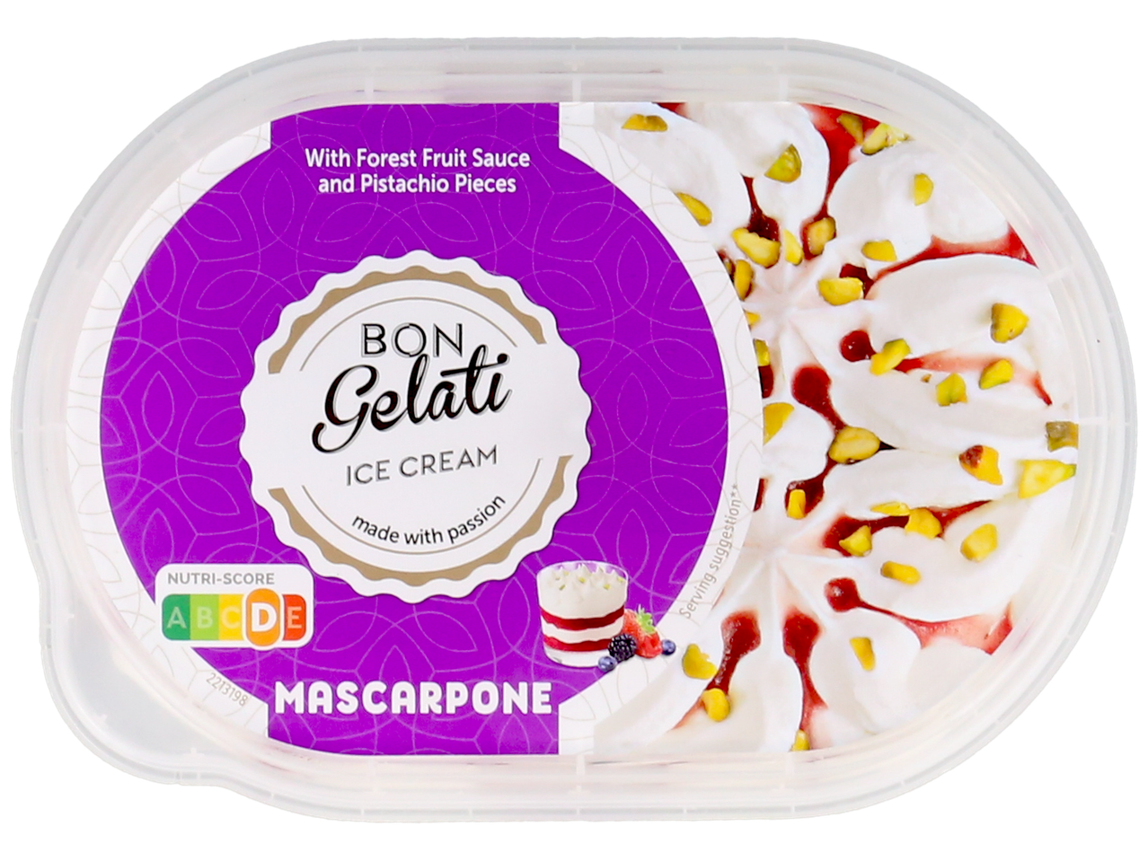 Glace mascarpone avec sauce aux fruits des bois et pistaches, Nutri-Score D.