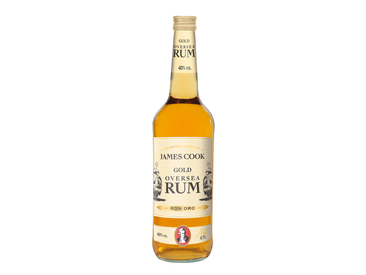 Arany tengerentúli rum palackja, 40% alkoholtartalommal és 0,7 literes űrtartalommal.