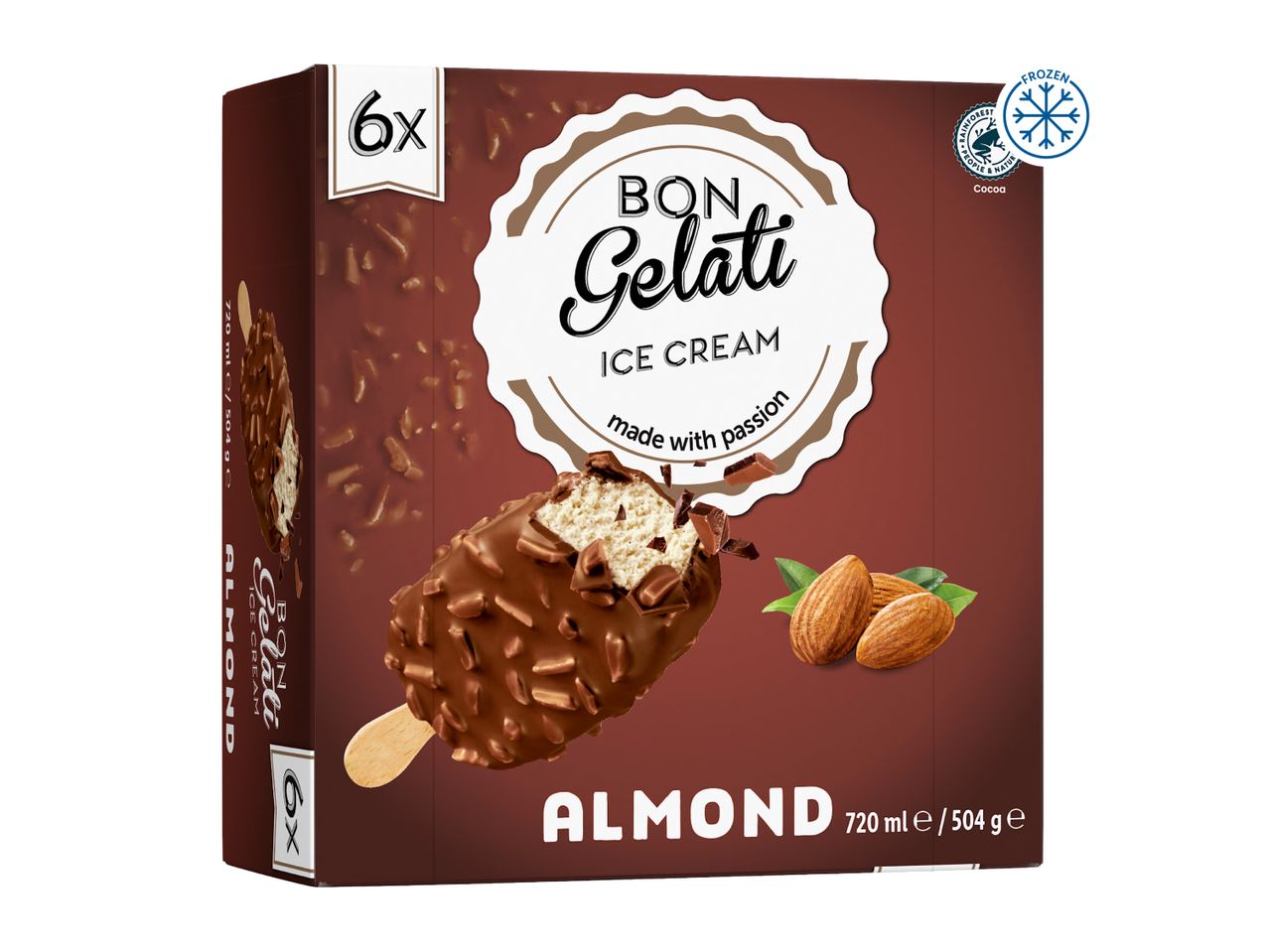 Box of 6 almond ice cream bars with chocolate coating, featuring a bitten bar and whole almonds.