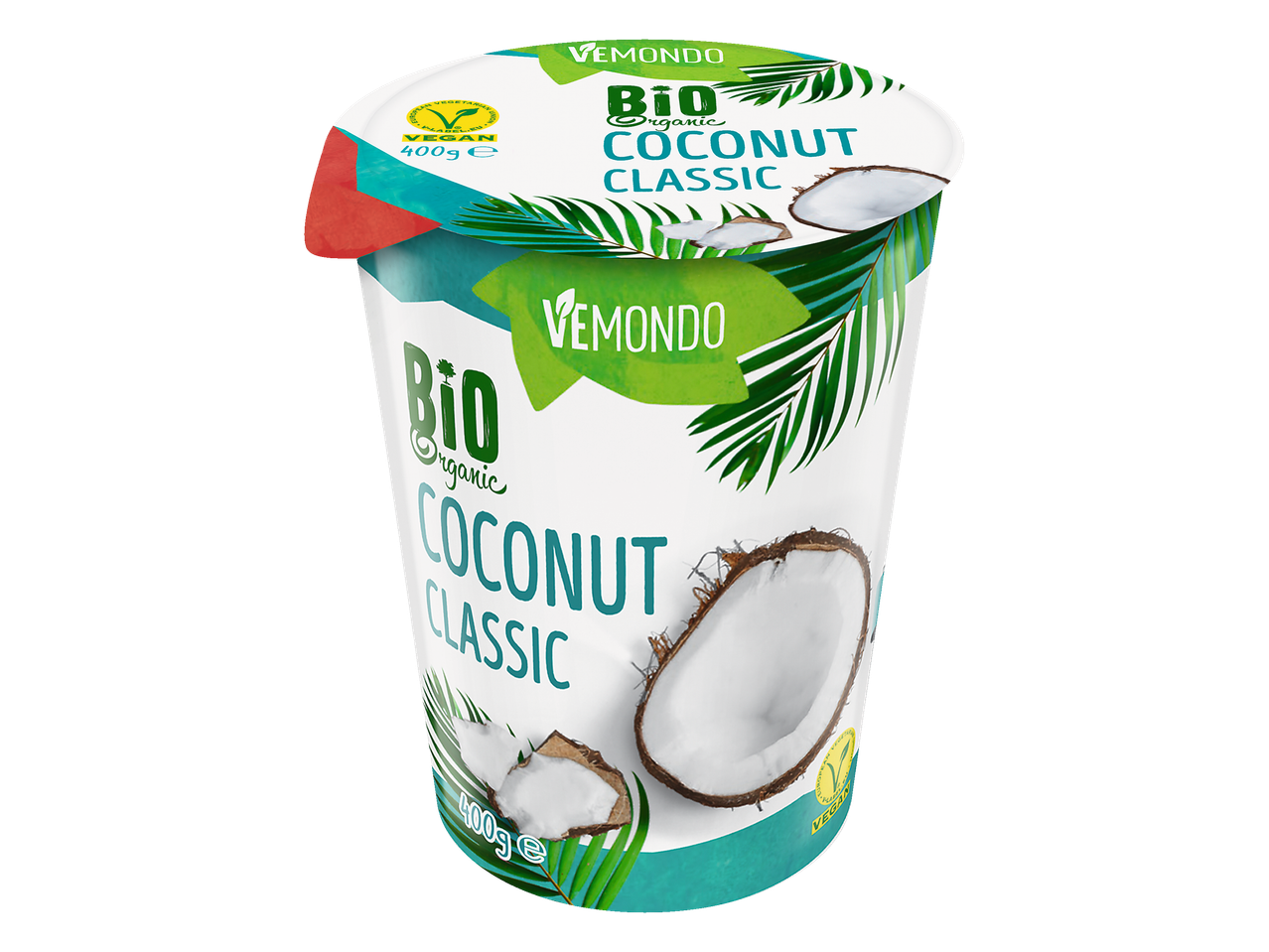 Vemondo Bio Organic Kokos Classic yoghurt met kokosstukjes en palmbladeren.