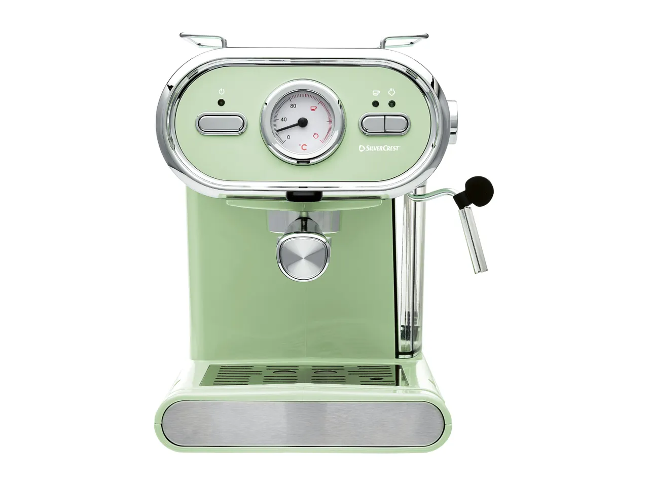 Light green retro-style espresso machine with a prominent temperature gauge and chrome accents.