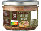 Bocal de pâté aux olives avec Nutri-Score D, accompagné d'une suggestion de présentation sur toast.