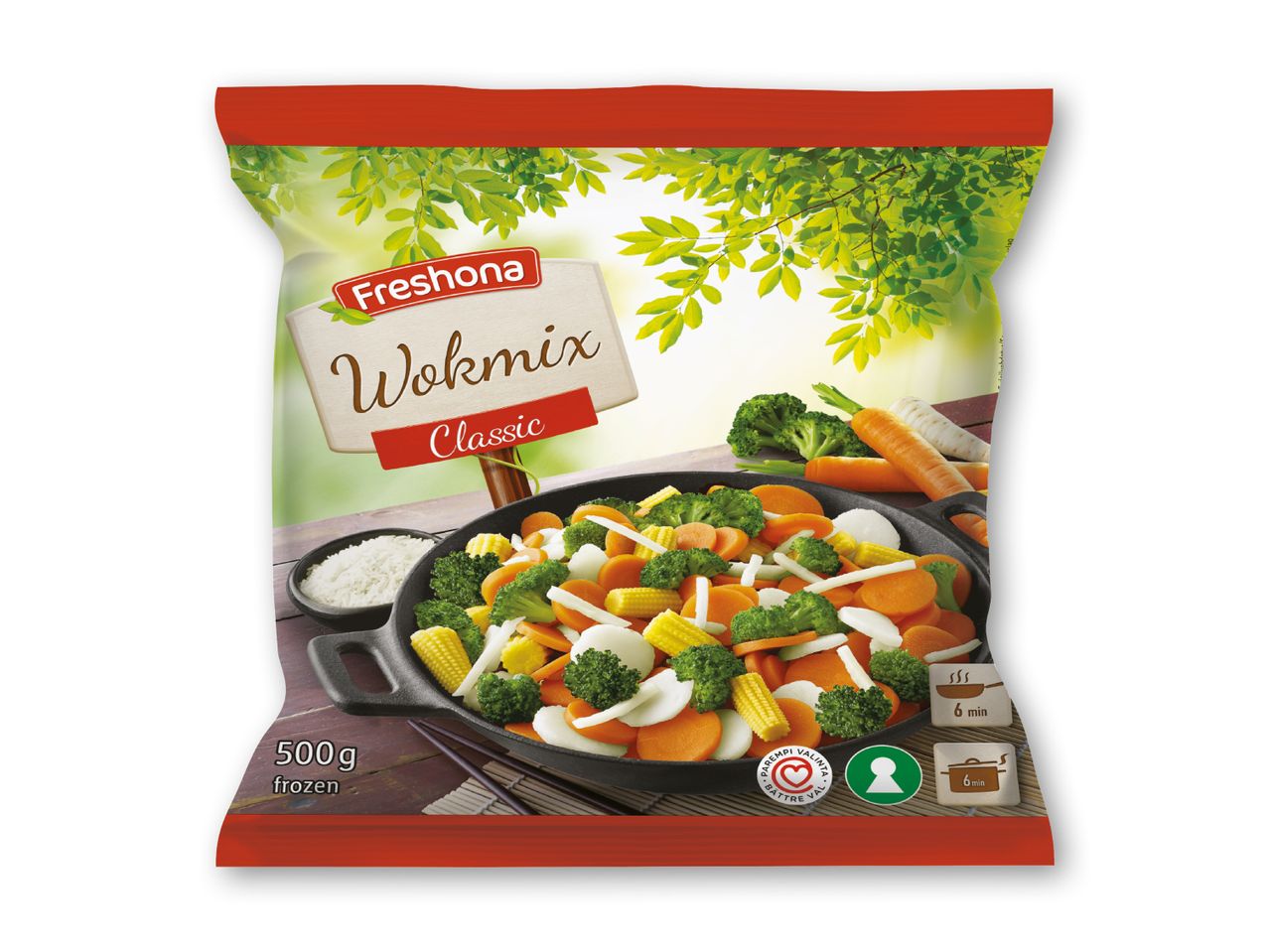 Freshona Wokmix Classic frosne grøntsager i en pose.