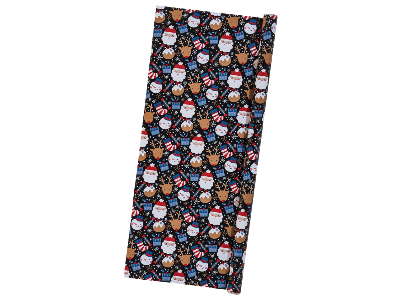 Ziemassvētku dāvanu papīrs ar Ziemassvētku vecīša, ziemeļbrieža un sniegavīra rakstiem