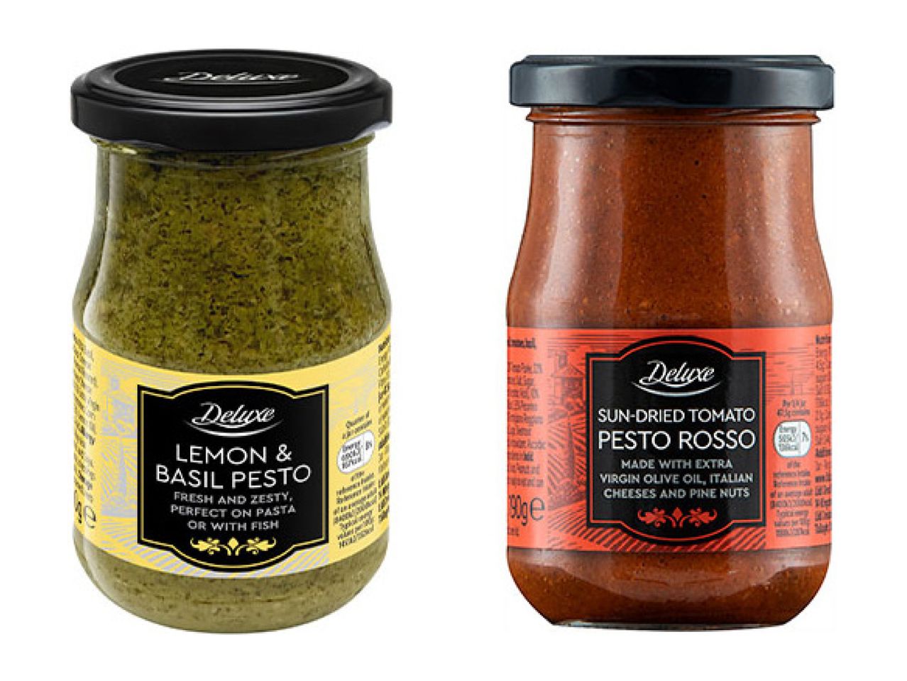 Two jars of pesto: lemon & basil pesto and sun-dried tomato pesto rosso.