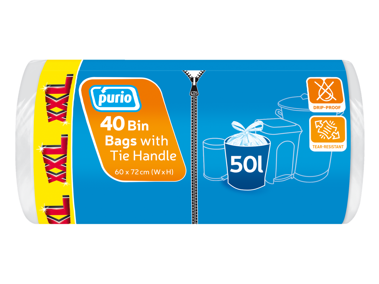 40 saci de gunoi Purio cu mânere, 60x72 cm, rezistenți la rupere și scurgeri.