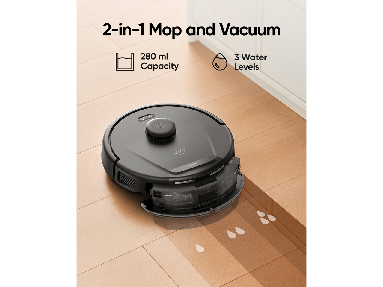 Eufy L60 Hybrid Robot Vacuum Cleaner, 2-in-1 mop and vacuum with 280ml capacity and 3 water levels.