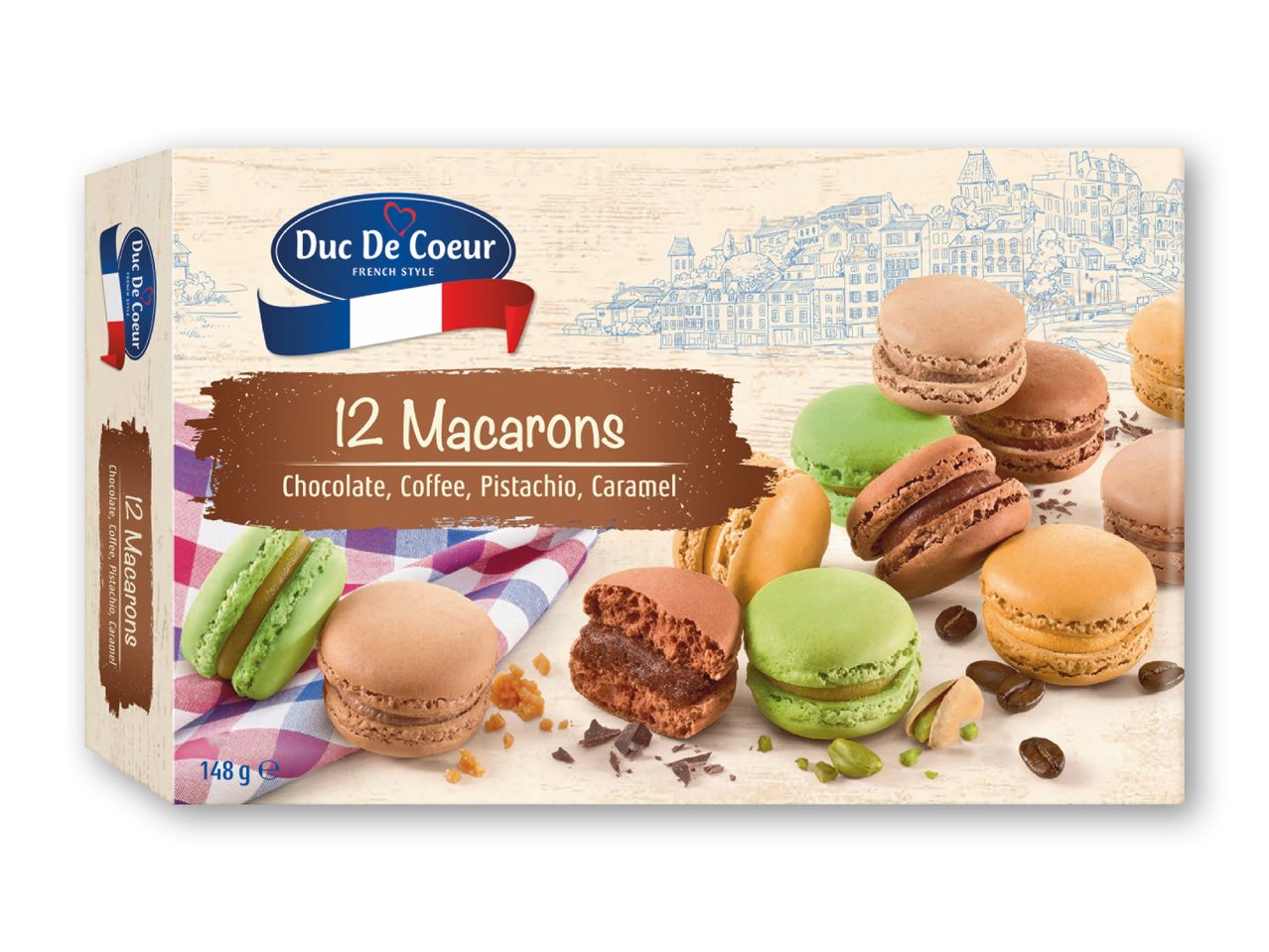Æske med 12 Duc De Coeur makroner i smagene chokolade, kaffe, pistacie og karamel.