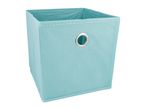 A light blue fabric storage cube with a metal grommet.